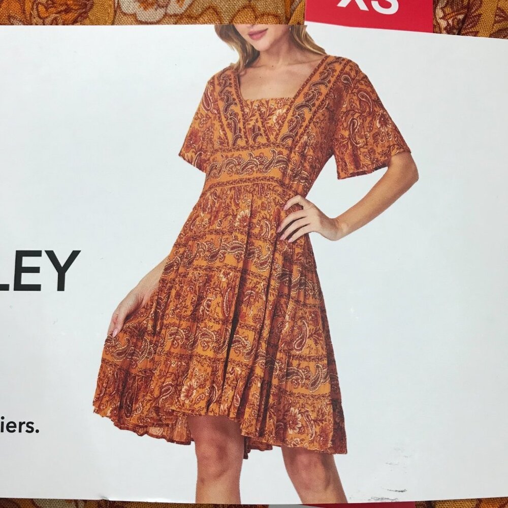 Bila Floral Paisley Short Tiered Dress Women's XS Boho Relaxed Fit‎ Marigold NEW